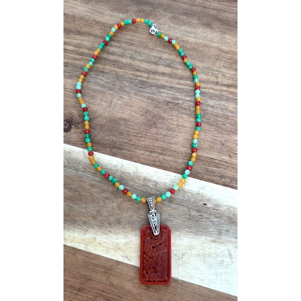 VTG Sterling Silver 925 DESIGNER GSJ‎ Carved Jade Asian Necklace Pendant